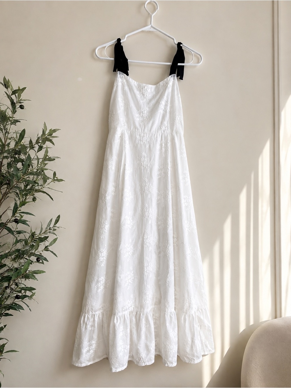 White Lace Maxi Slip Dress with Black Tie Straps